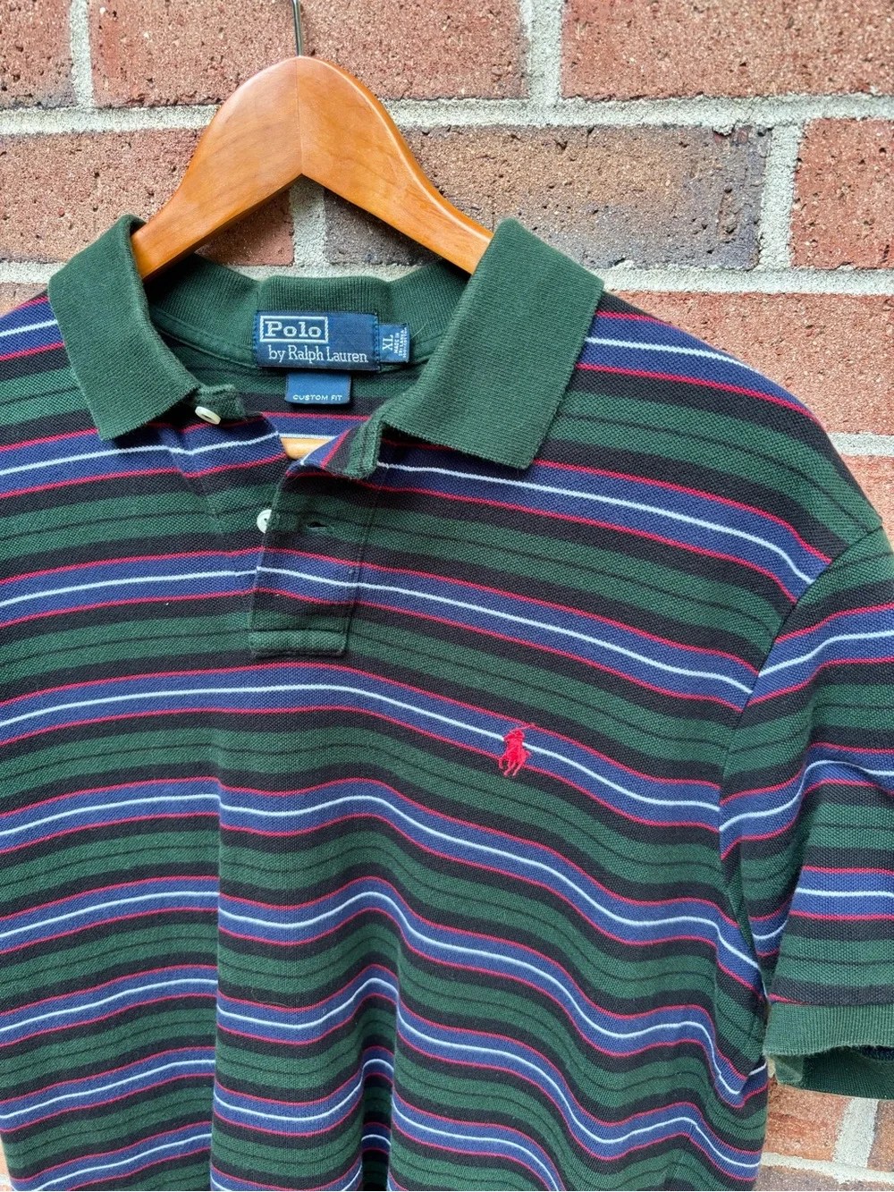 Polo Ralph Lauren Custom Fit Striped Polo Shirt XL Green Blue Red Cotton